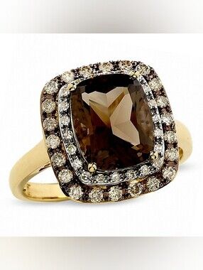 14K GOLD CHAMPANGE & WHITE DIAMONDS SMOKEY QUARTZ TOPAZ & RING SIZE 6